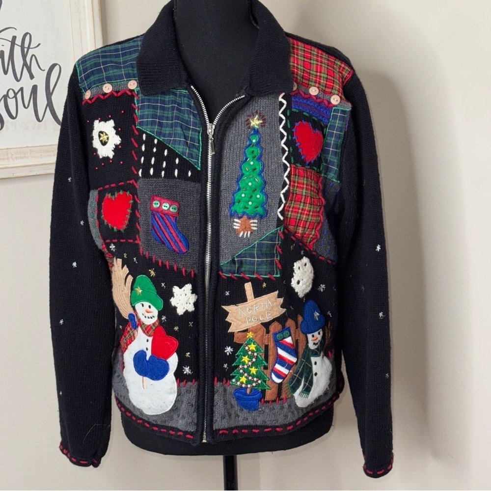 Chandler Hill Petite Christmas Cardigan Plaid Snowmen Patchwork Black Size PL